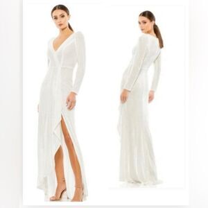 Mac Duggal NWT Size 10 Wrap Long Sleeve Sequin Evening Gown Wedding Dress white